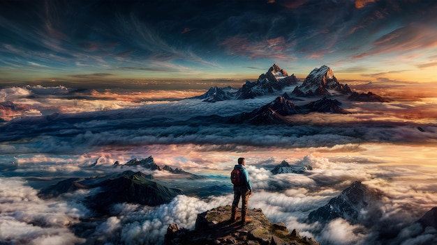 Człowiek stojący na szczycie góry nad chmurami i górami przy zachodzie słońca z niebem Generative Ai