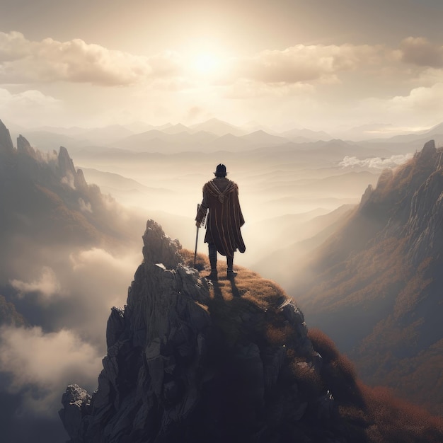 Człowiek stojący na szczycie góry w świecie fantasy