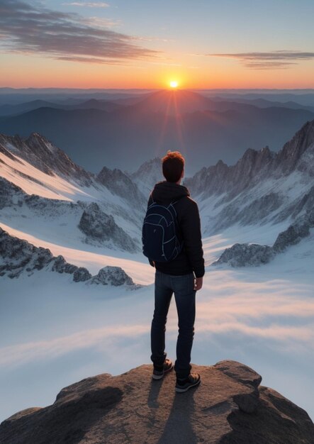 Człowiek stojący na szczycie góry widzi wschód słońca generowany przez sztuczną inteligencję