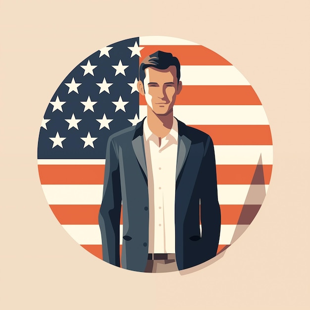 Zdjęcie człowiek stojący przed amerykańską flagą płaski designicon izolowane tło generowane ai