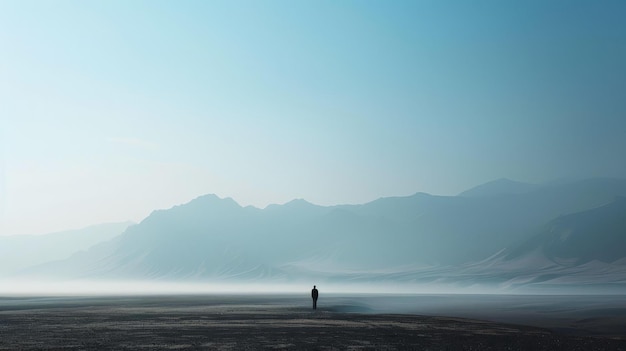 Człowiek stojący sam na rozległej pustyni z górami w oddali.