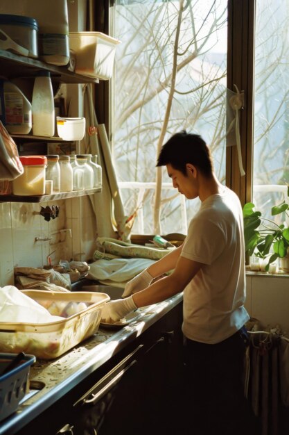 Człowiek stojący w kuchni przygotowujący jedzenie Kierownica krok po kroku do pysznych domowych posiłków