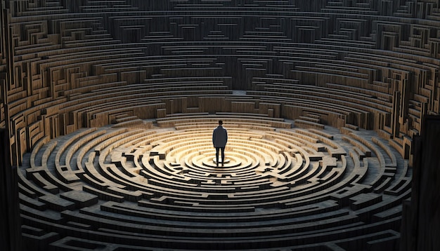 Człowiek stojący w ogromnym labiryncie labiryntu, koncepcja trudnego wyboru życia Generative AI