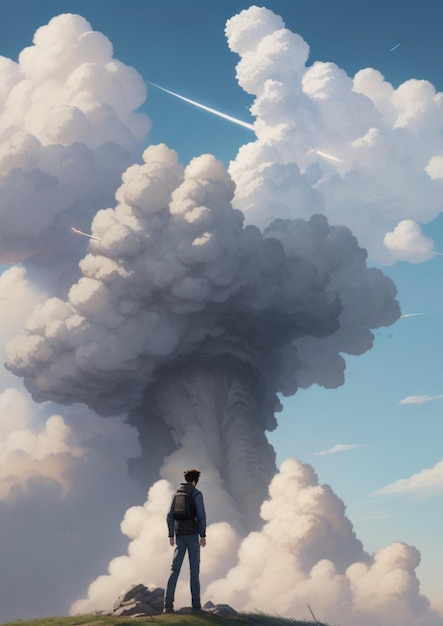 Człowiek stojący widzi wybuch dymu z daleka generowany przez AI