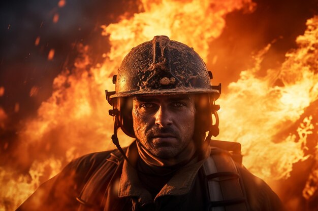 Człowiek strażak stojący na polu ognia z generatywnym ai