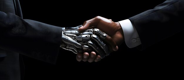 Zdjęcie człowiek uściskający rękę z tym, na którym jest słowo robot.