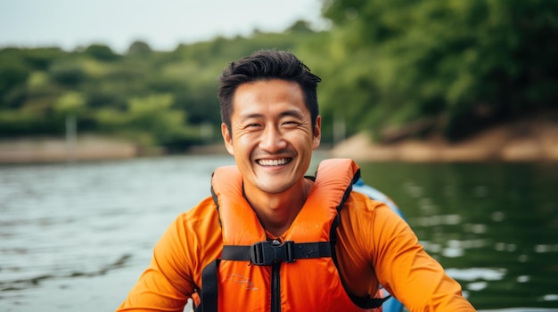 Zdjęcie człowiek uśmiecha się i śmieje w pomarańczowym kajaku podczas przygody na kajaku