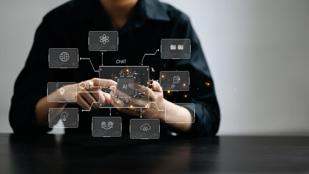 Człowiek używający botów czatowych w inteligencji smartfona Ai Chat z AI Sztuczna inteligencja opracowana przez OpenAI generuje robota w systemie online