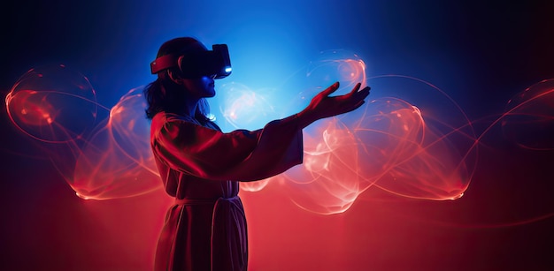 Zdjęcie człowiek używający okularów wirtualnej rzeczywistości na ciemnym tle okulary vr wirtualna rzeczywistość urządzenia zestawu słuchawkowego