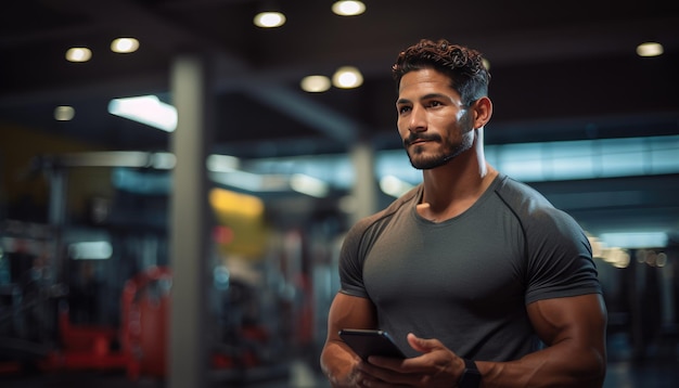 Człowiek używający smartfona w siłowni do reklamy branży sportowej