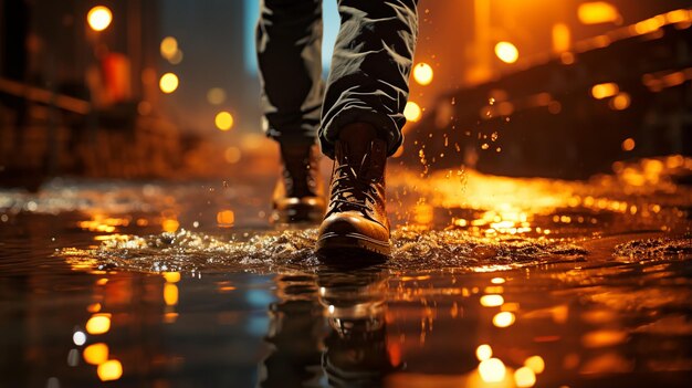 Człowiek w butach w wodzie powodziowej