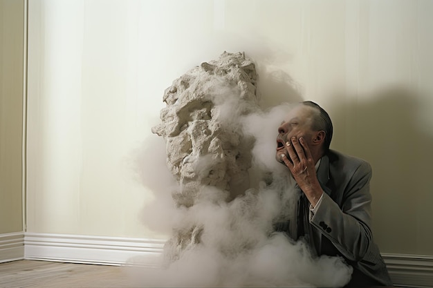Zdjęcie człowiek w dymie i kurzu na podłodze duszący kaszel generatywna sztuczna inteligencja
