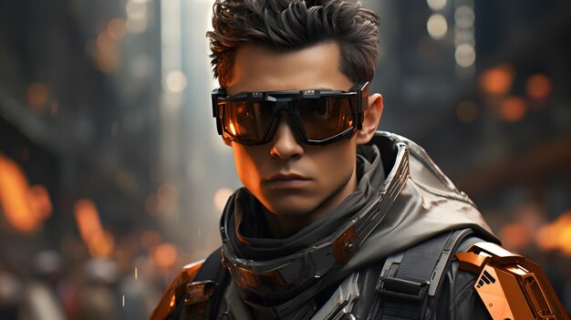Człowiek w futurystycznym garniturze i okularach w mieście Generatywna sztuczna inteligencja
