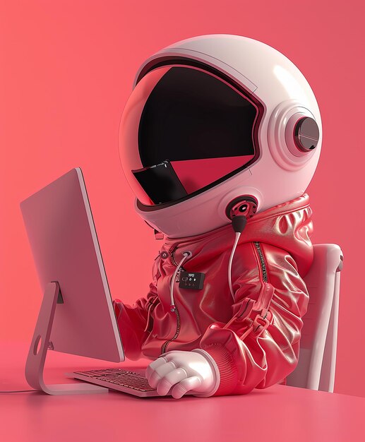 Człowiek w garniturze kosmicznym z laptopem i słuchawkami na głowie