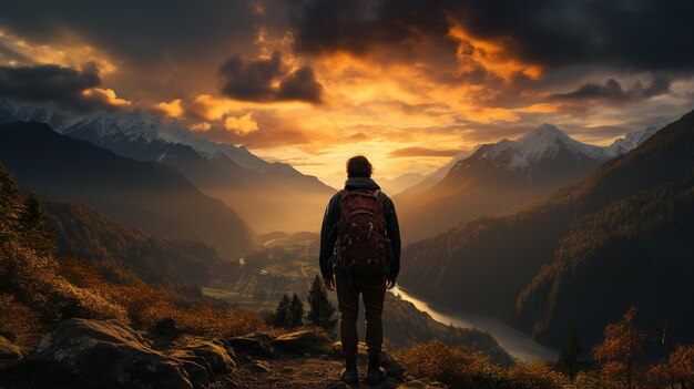 Zdjęcie człowiek w górach o zachodzie słońca podróże i przygody wolność wolność