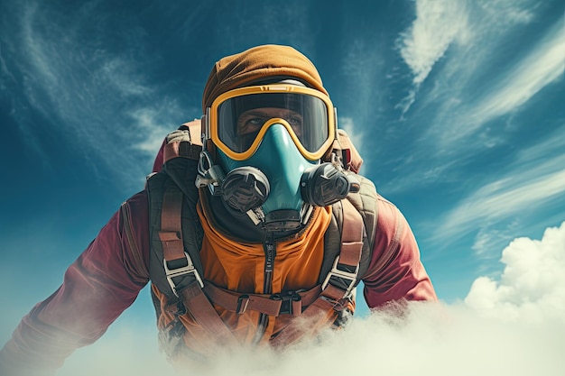 Człowiek w hełmie i masce przeciwgazowej na tle chmur Odważny spadochroniarz na świeżym powietrzu z maską na twarzy