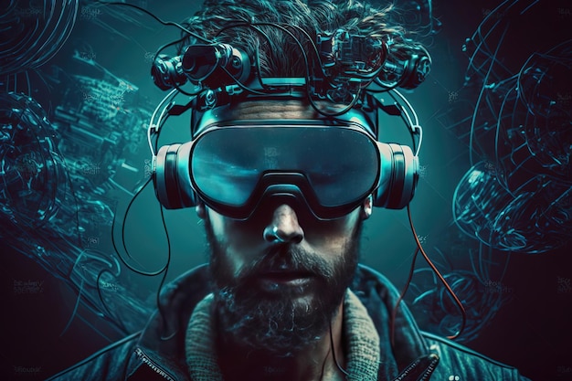 Człowiek w hełmie wirtualnej rzeczywistości VR zanurzony w inspirowanym cyberpunkiem świecie Generative AI