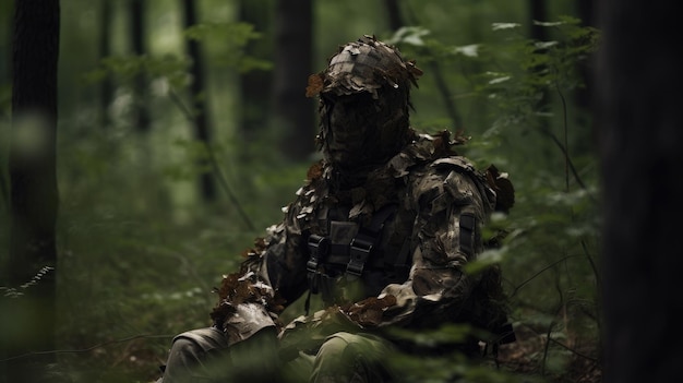 Zdjęcie człowiek w kamuflażu stojący w lesie