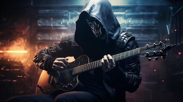 Człowiek w kapturze z cybernetycznymi częściami grający na gitarze