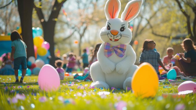 Człowiek w kostiumie królika wielkanocnego, maskotka Wielkanocnej, rozrywka dla dzieci na festiwalu wielkanocnym na świeżym powietrzu