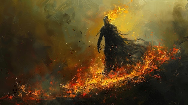 Człowiek w ogniu z czarną peleryną na głowie idzie przez płomienie