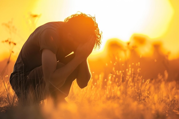 Człowiek w pobożnej modlitwie klęczy modląc się na polu o zachodzie słońca