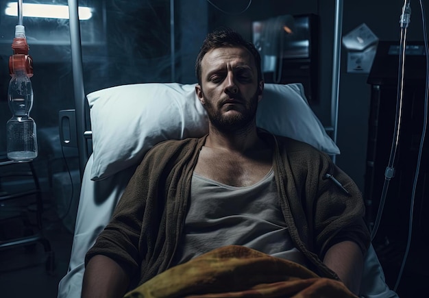 Zdjęcie człowiek w siedzącym łóżku szpitalnym w stylu płynu i organicznego