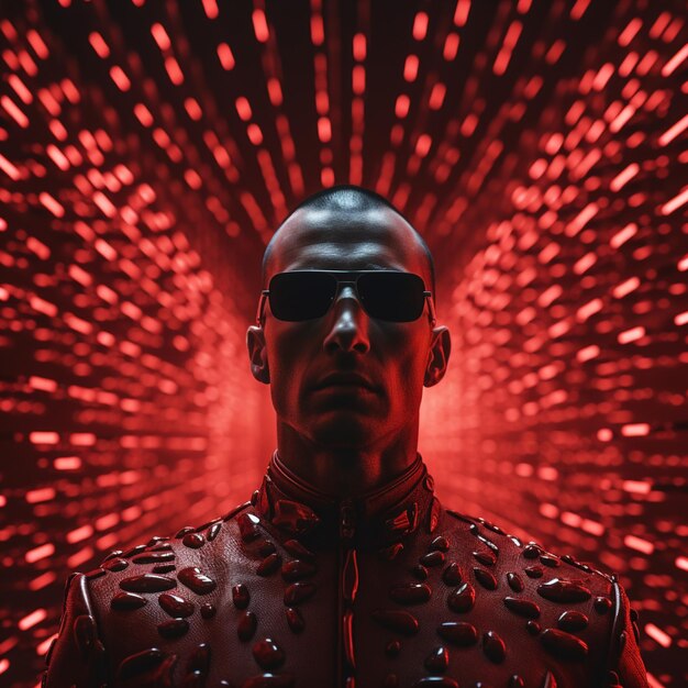Zdjęcie człowiek w skórzanym stroju i okularach przeciwsłonecznych z czerwonymi światłami generatywny ai