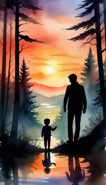 Człowiek w sylwetce i chłopiec ojciec i syn idą na wędrówkę w lesie plakat koncepcyjny Dnia Ojca