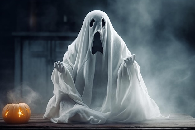 Człowiek w upiornym kostiumie duchów latający wewnątrz starego domu lub lasu w nocy Koncepcja Halloween