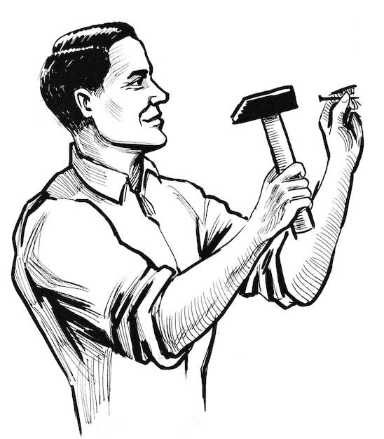 Zdjęcie człowiek wbijając gwóźdź w ścianę. czarno-biały rysunek tuszem