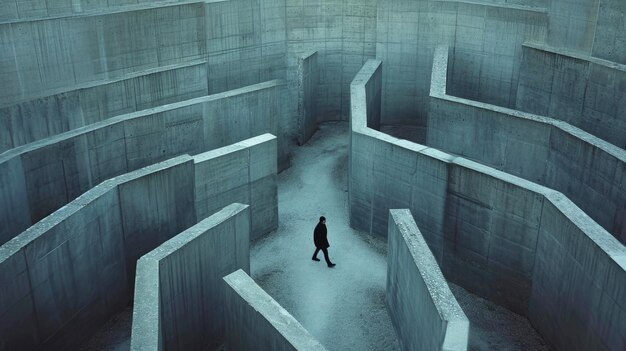 Człowiek wewnątrz betonowego labiryntu osoba chodzi w surrealistycznym nieskończonym labiryncie widok powietrzny Koncepcja utraconego problemu niepewności przeszkody biznesowe stres