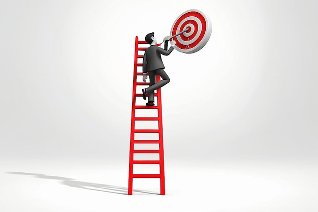 Człowiek wspinający się po drabinie do czerwonego celu w słowie cel na białym tle Koncepcja biznesowa