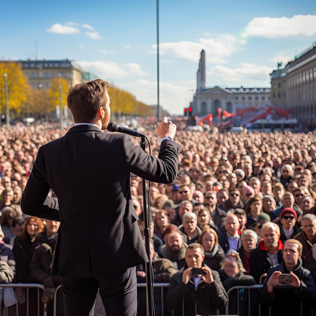 Zdjęcie człowiek wygłaszający przemówienie polityczne przed ogromnym tłumem wysokiej jakości obrazu generowanego przez sztuczną inteligencję
