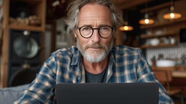 Człowiek z brodą i okularami pracuje na laptopie