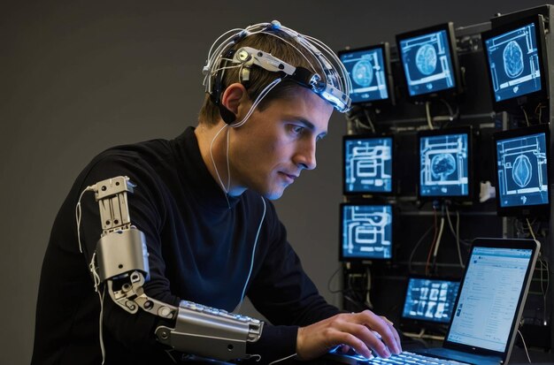 Zdjęcie człowiek z interfejsem mózg-komputer prowadzący badania