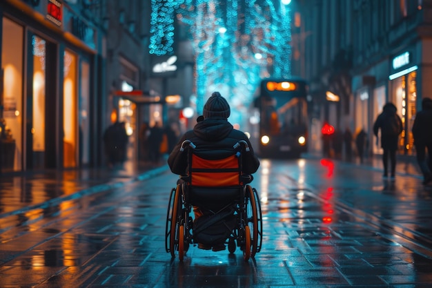 Człowiek z kapturem na wózku inwalidzkim odzwierciedlający się na mokrym chodniku pośród zamieszania miasta