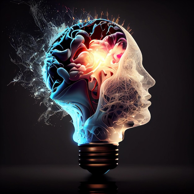 Zdjęcie człowiek z kreatywną eksplozją żarówek pomysłów świecących burzy mózgów w poszukiwaniu rozwiązań