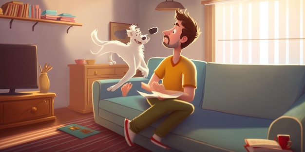 Człowiek z kreskówki siedzący na kanapie z psem na kolanach