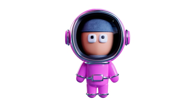 Człowiek z kreskówki w różowym skafandrze kosmicznym, astronauta z przodu, izolowany na białym tle, render w 3D
