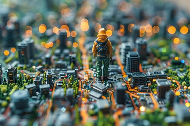 Zdjęcie człowiek z lego stoi w dużym mieście.