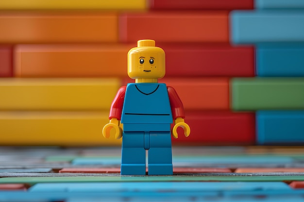 Człowiek z lego stojący przed kolorową ścianą