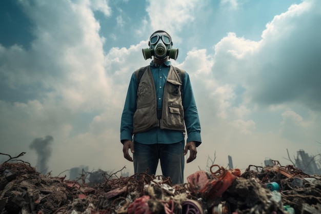 Człowiek z maską gazową stojący przed wysypiskiem śmieci Koncepcja zanieczyszczenia środowiska