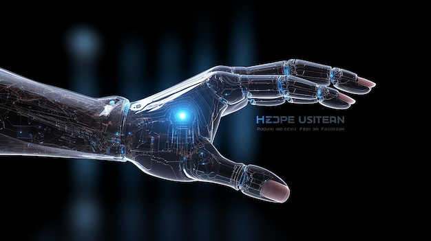 Człowiek z pięcioma palcami w dłoni dotyka ekranu 3D z zaawansowanym technologicznie tłem technologii informatycznych