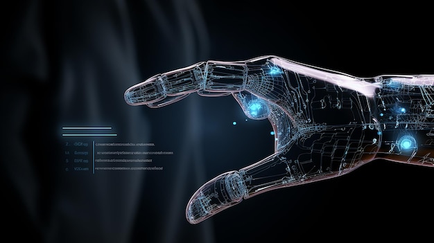 Człowiek z pięcioma palcami w dłoni dotyka ekranu 3D z zaawansowanym technologicznie tłem technologii informatycznych