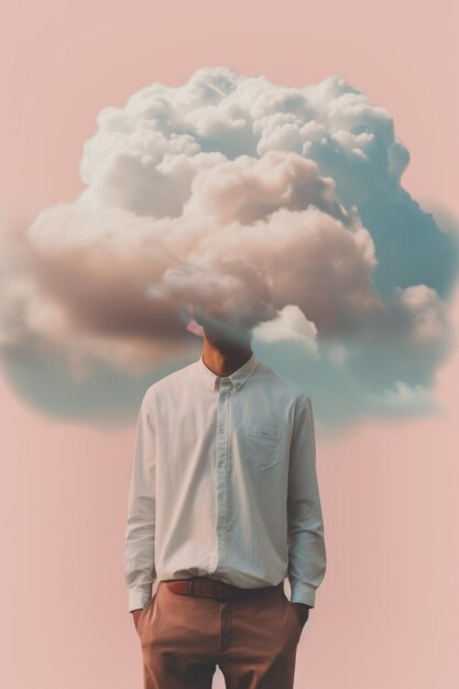 Zdjęcie człowiek z twarzą pokrytą chmurą na różowym tle stworzony przy użyciu generatywnej technologii sztucznej inteligencji