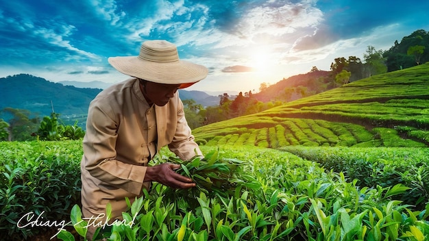 Człowiek zbiera świeże liście zielonej herbaty na polu herbaty w Chiang Mai w Tajlandii