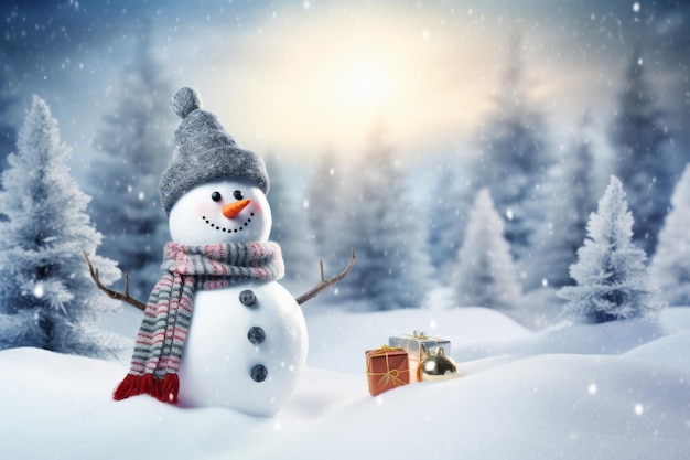 Człowiek ze śniegiem z pudełkiem z prezentami na zimowym tle