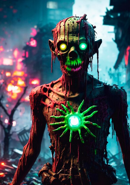 Zdjęcie człowiek zombie w mieście w nocy halloween horror