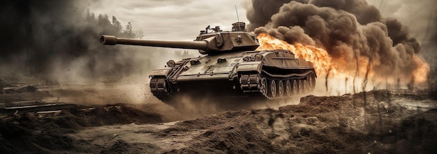Zdjęcie czołg bojowy jadący w błocie i ogniu sztuczna inteligencja wygenerowała fotorealistyczny styl martwej natury